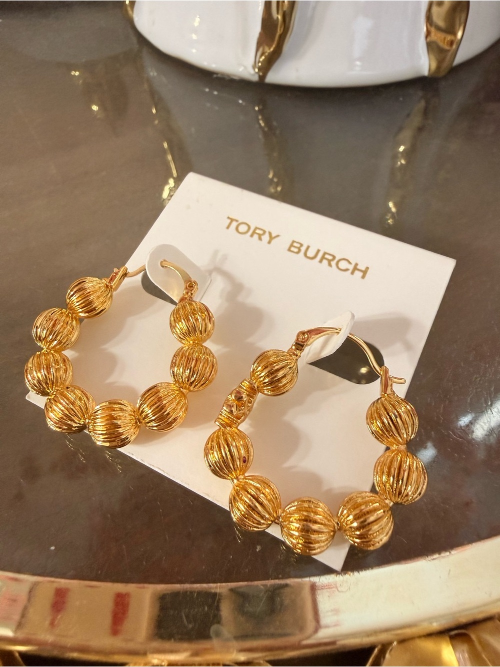 Tory Burch Gold Ribbed Bead Hoop Earrings